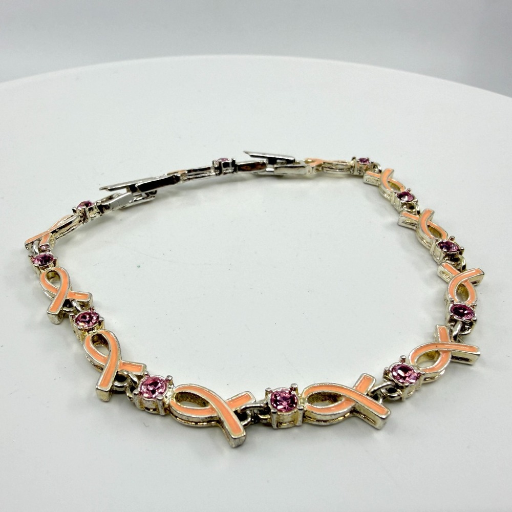 Awareness Ribbon Link Bracelet with Pink Rhinestones Silver Tone Charity Jewelry